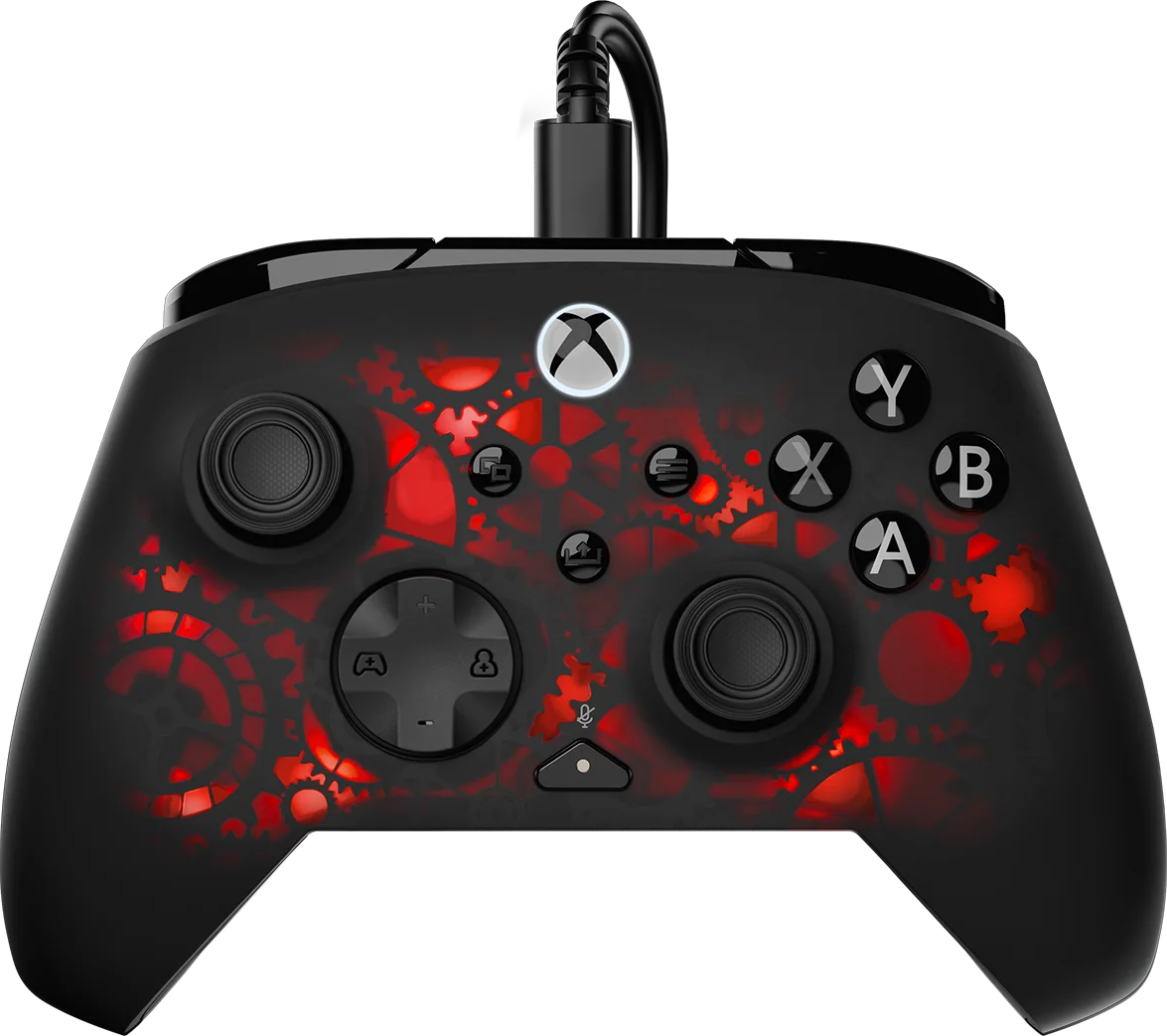 Schwarzer Xbox Controller mit roten Zahnrädern und Kabel.