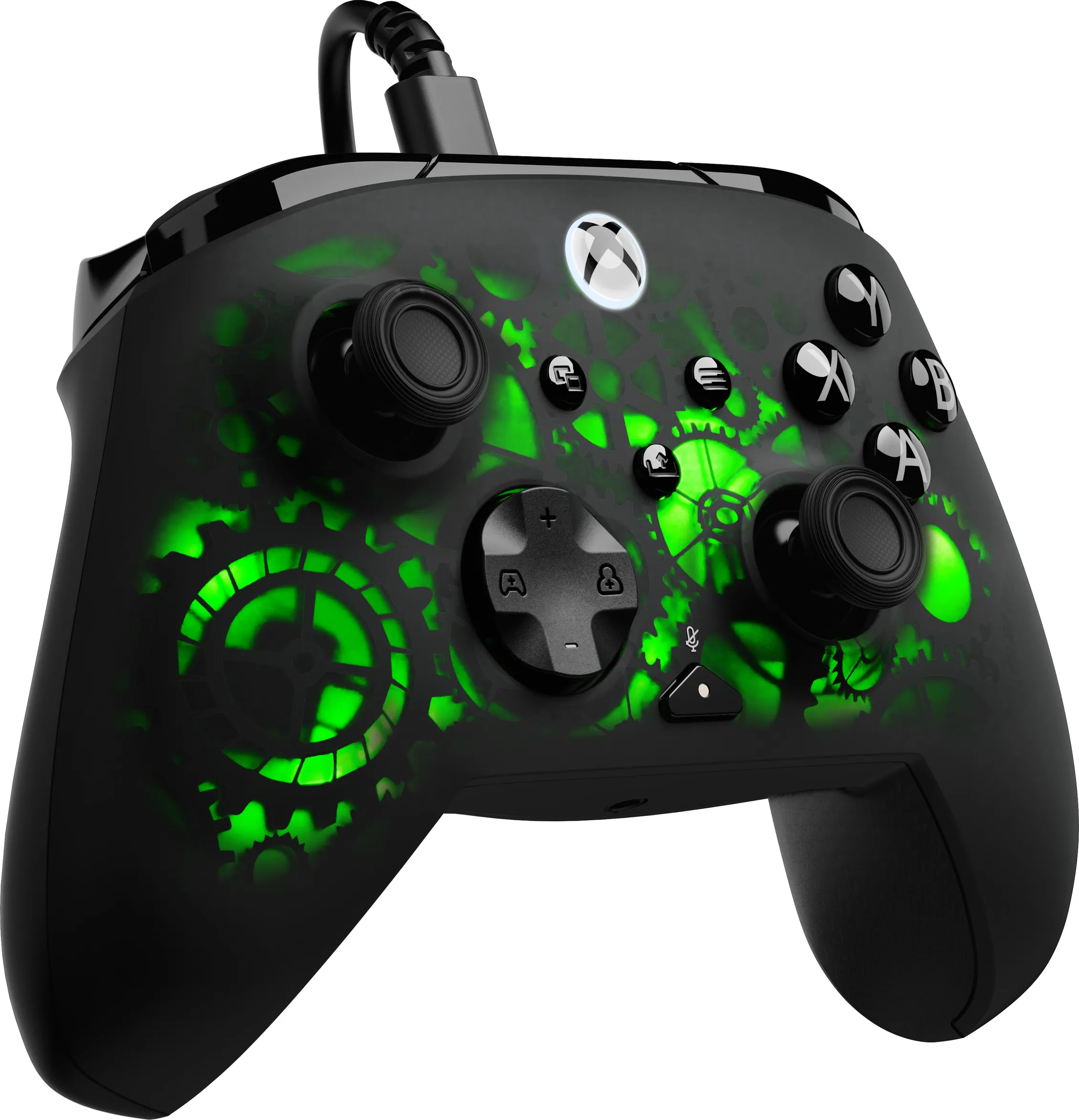 Schwarzer Xbox-Controller mit grün leuchtenden Zahnrädern und Kabel.