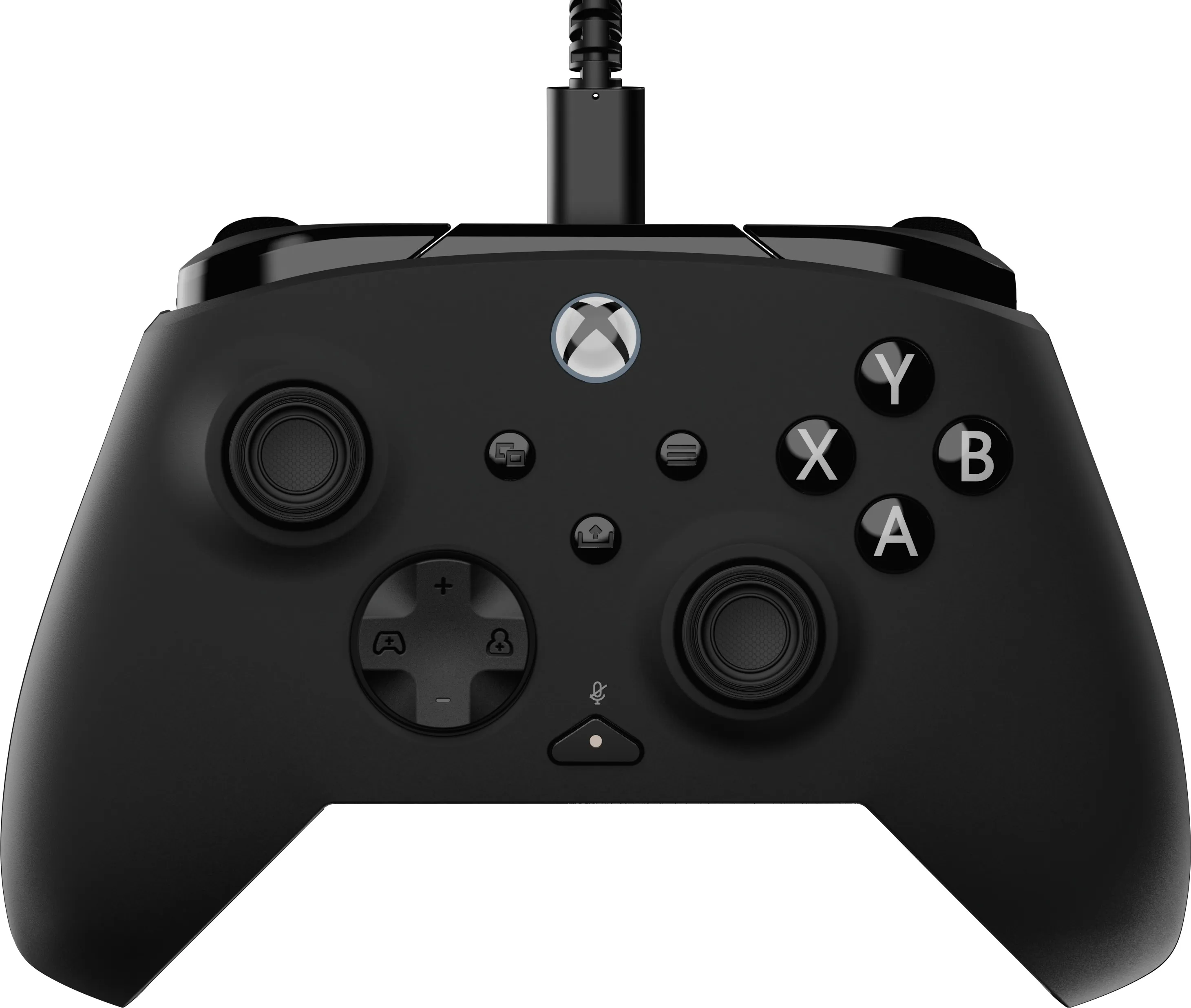 Schwarzer Xbox-Controller mit Kabel, der auf weißem Hintergrund gezeigt wird.