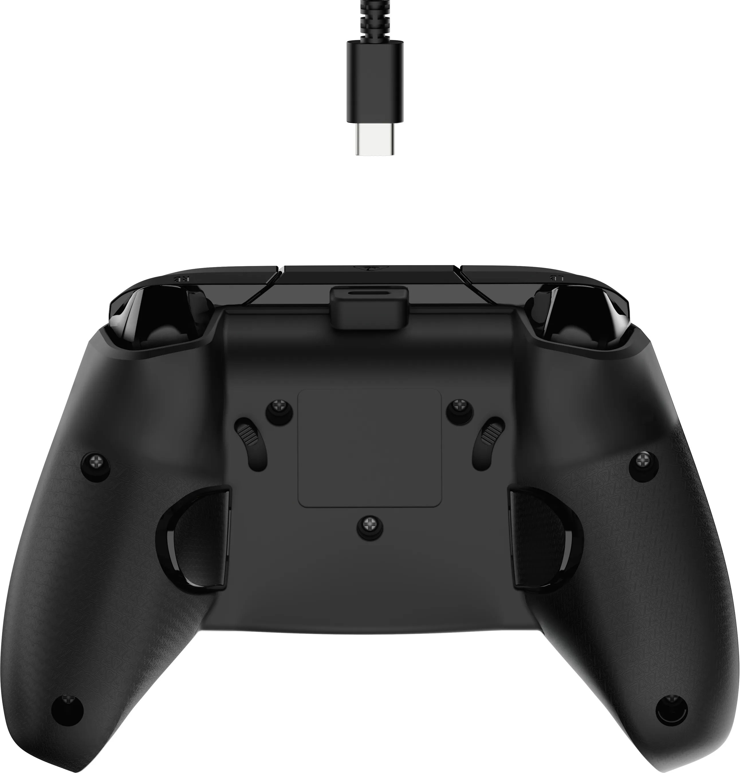 Schwarzer Gamecontroller mit USB-C-Kabelanschluss oben.