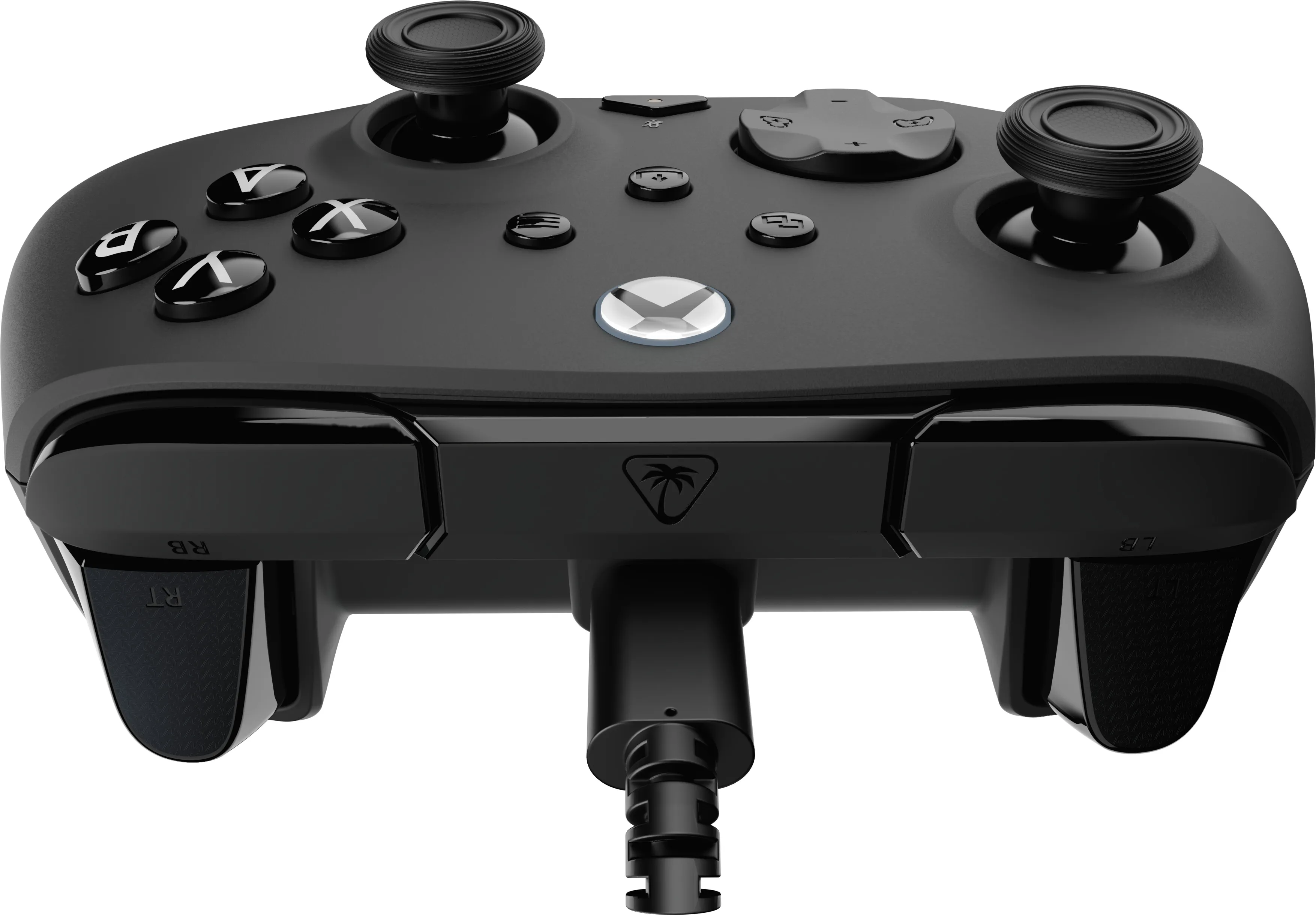 Schwarzer Gaming-Controller mit Kabelanschluss, Joysticks und Tasten.