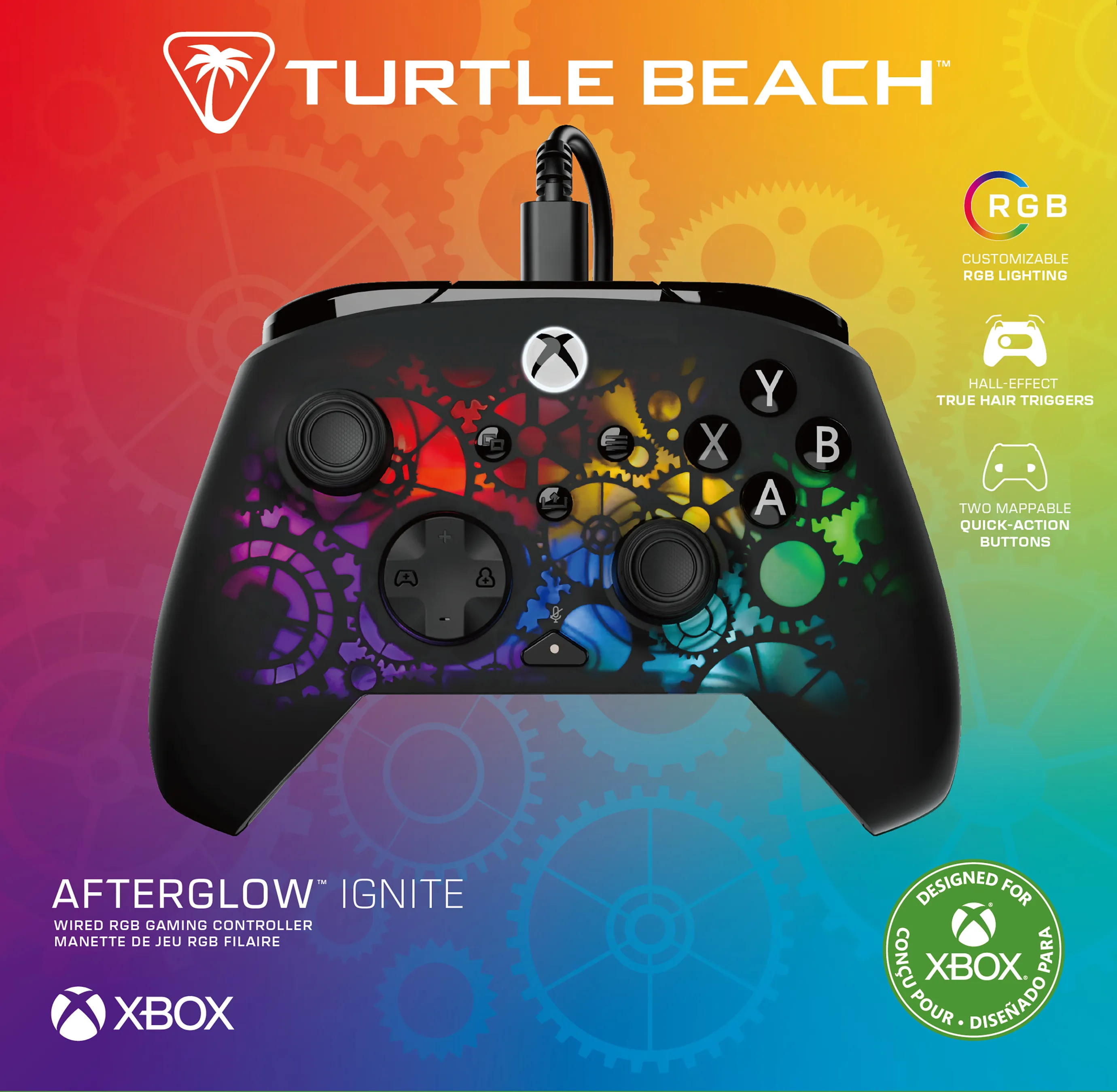 Schwarzer Xbox-Controller mit bunten Zahnrädern und Lichtern.