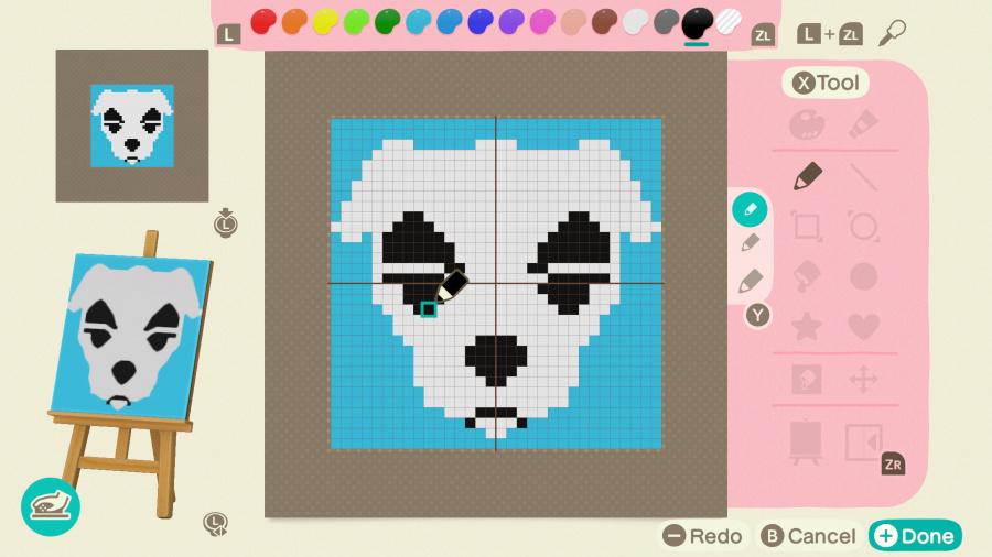 Projekt pixel art białej psiej twarzy z niebieskim tłem.