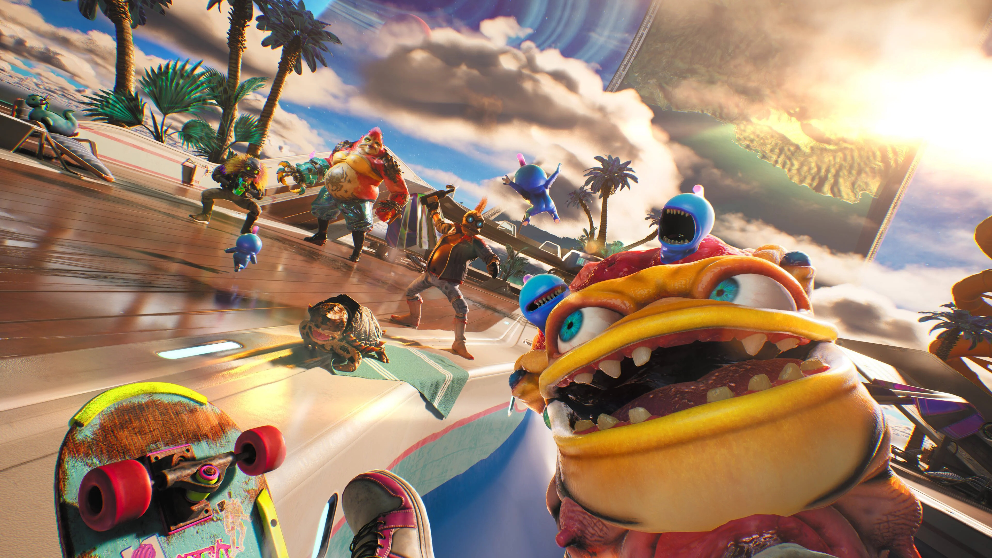 Kolorowe postacie na futurystycznej platformie z palmami i obcym niebem.