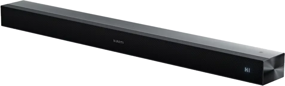 Barre de son Xiaomi noire avec texture en maille fine et écran numérique.