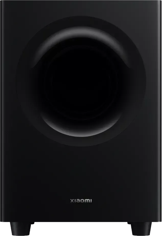 Subwoofer noir avec une ouverture ronde et le logo Xiaomi.