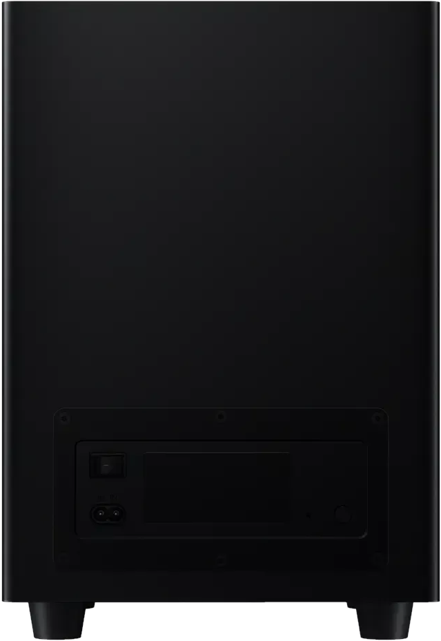 Arrière d'un subwoofer noir avec interrupteur et prise d'alimentation.