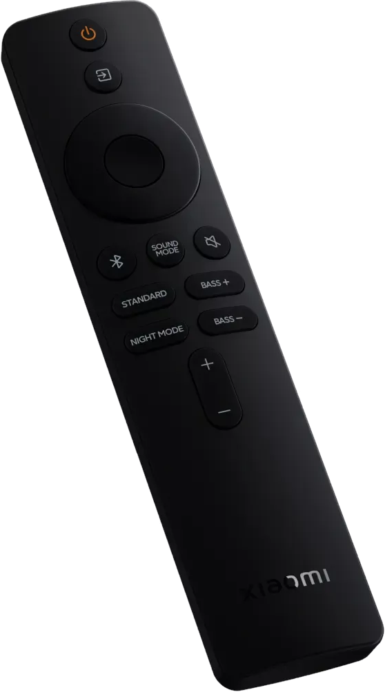Télécommande noire avec boutons ronds et logo Xiaomi.
