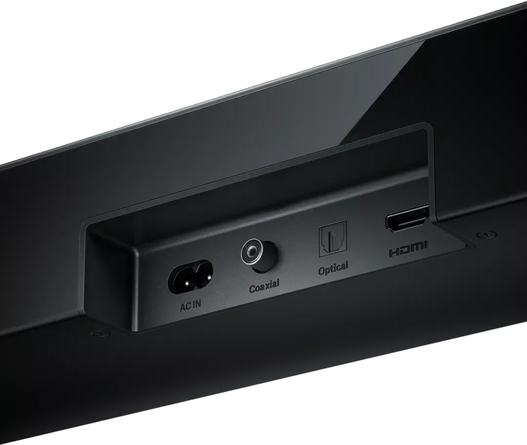 Arrière d'une barre de son noire montrant les ports AC IN, Coaxial, Optical et HDMI.