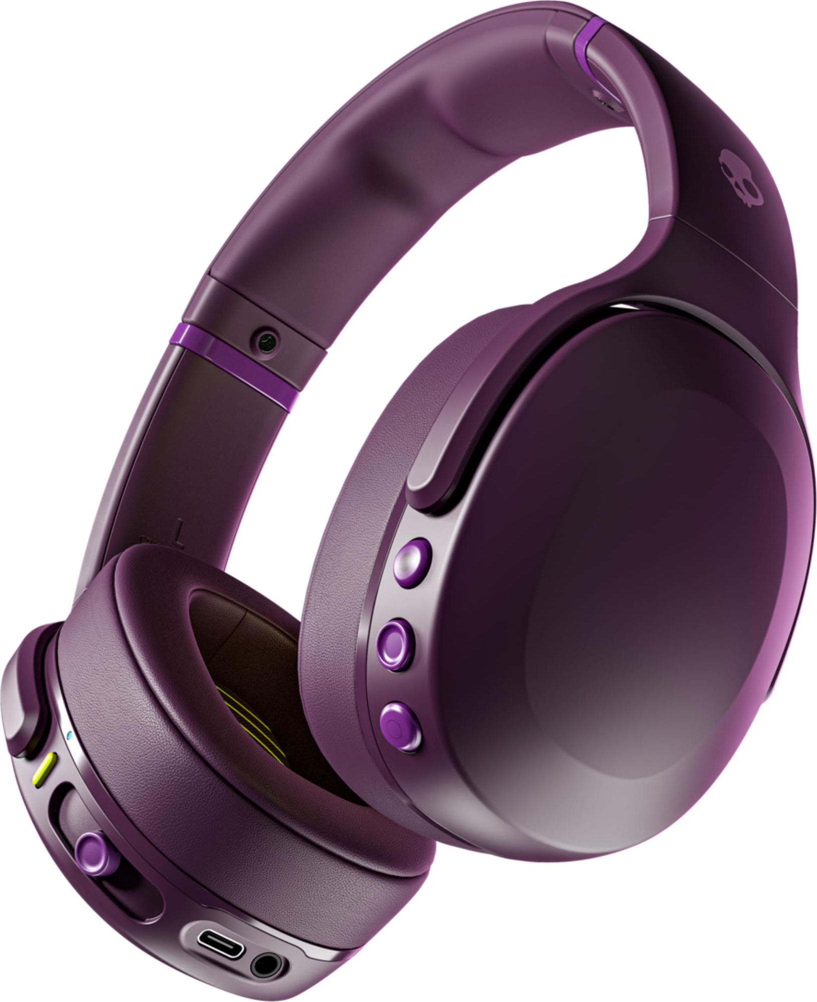 Lila Kopfhörer mit Skullcandy-Logo, Ladeanschluss und Tasten.