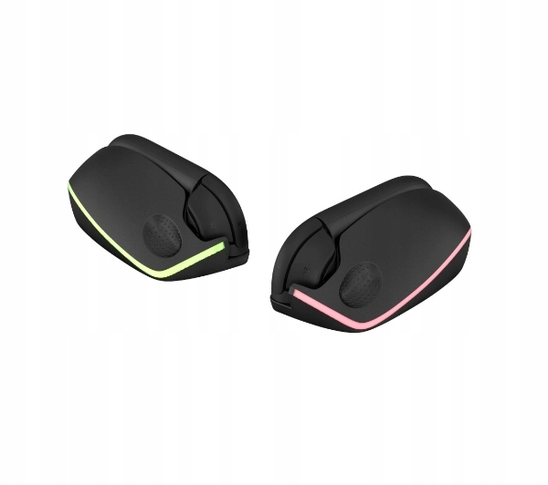 Dwa czarne myszy komputerowe, jedna z zielonym, druga z różowym podświetleniem.
