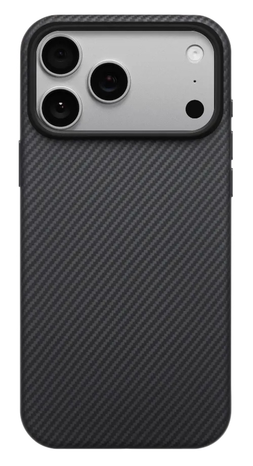 Czarny iPhone ze wzorem karbonowym i potrójnym aparatem z tyłu.