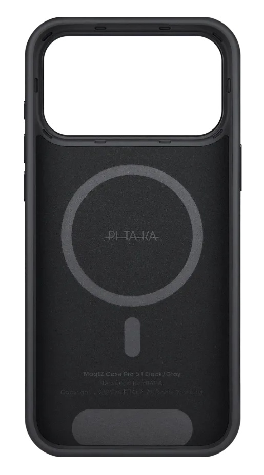 Wnętrze czarnego etui na telefon z pierścieniem magnetycznym i logo.