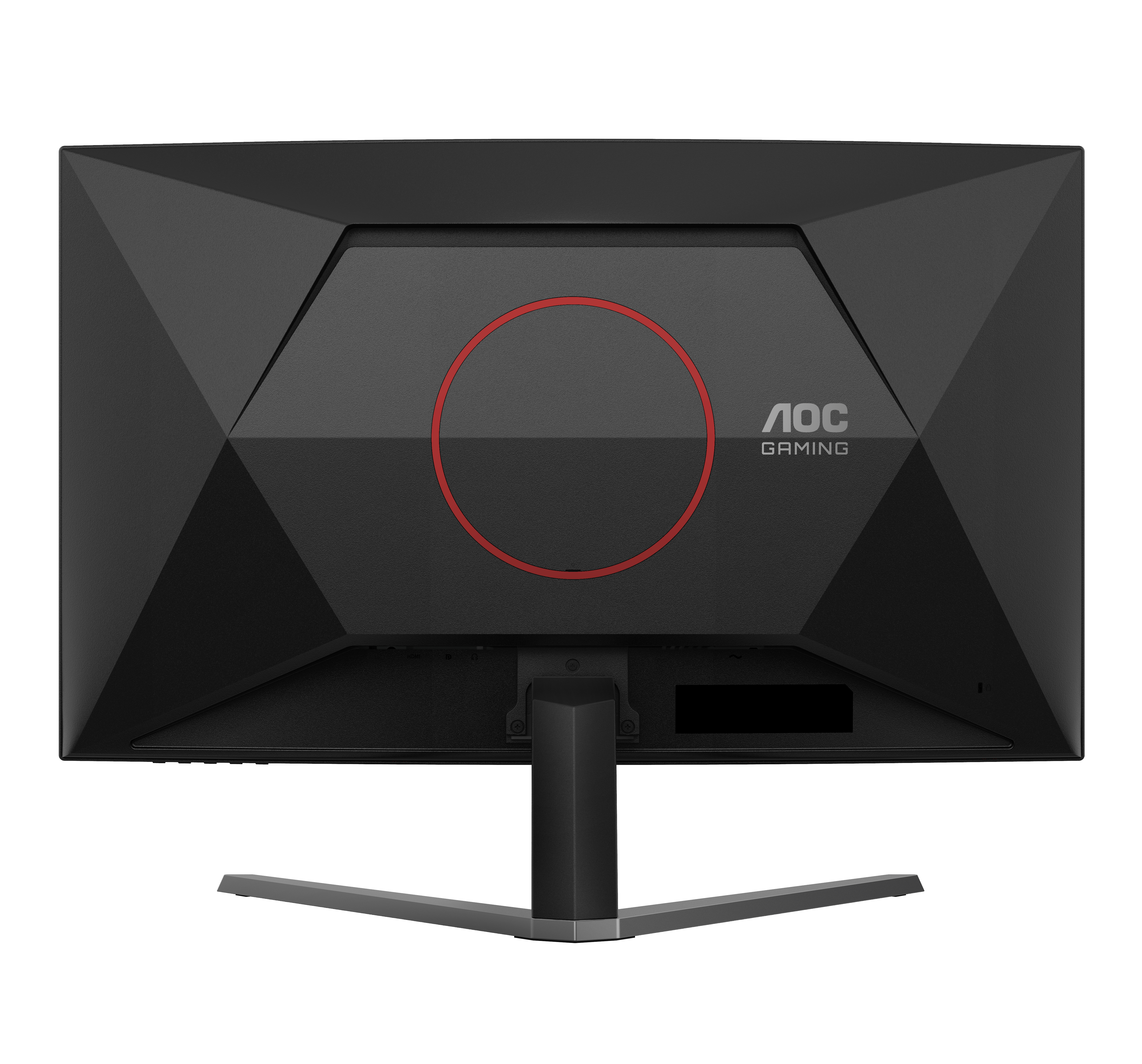 Rückseite eines schwarzen AOC Gaming Monitors mit rotem Kreis und Logo.