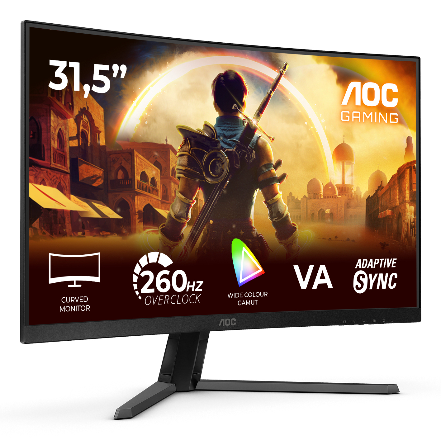Ein 31,5-Zoll-Gaming-Monitor mit einem Krieger auf dem Bildschirm.