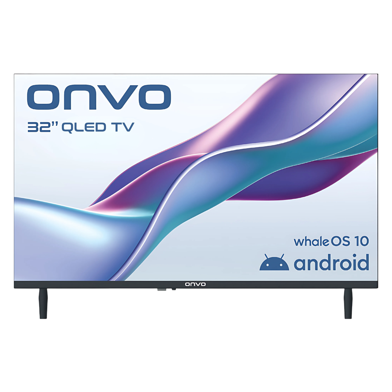 ONVO logosu ve renkli dalga desenli gri 32 inç QLED TV.
