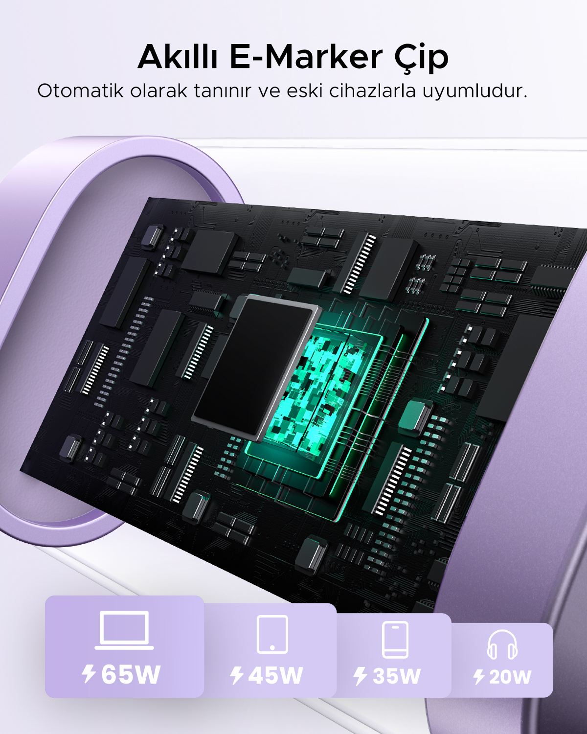 Parlak yeşil çipler ve güç simgeleri olan devre kartı.