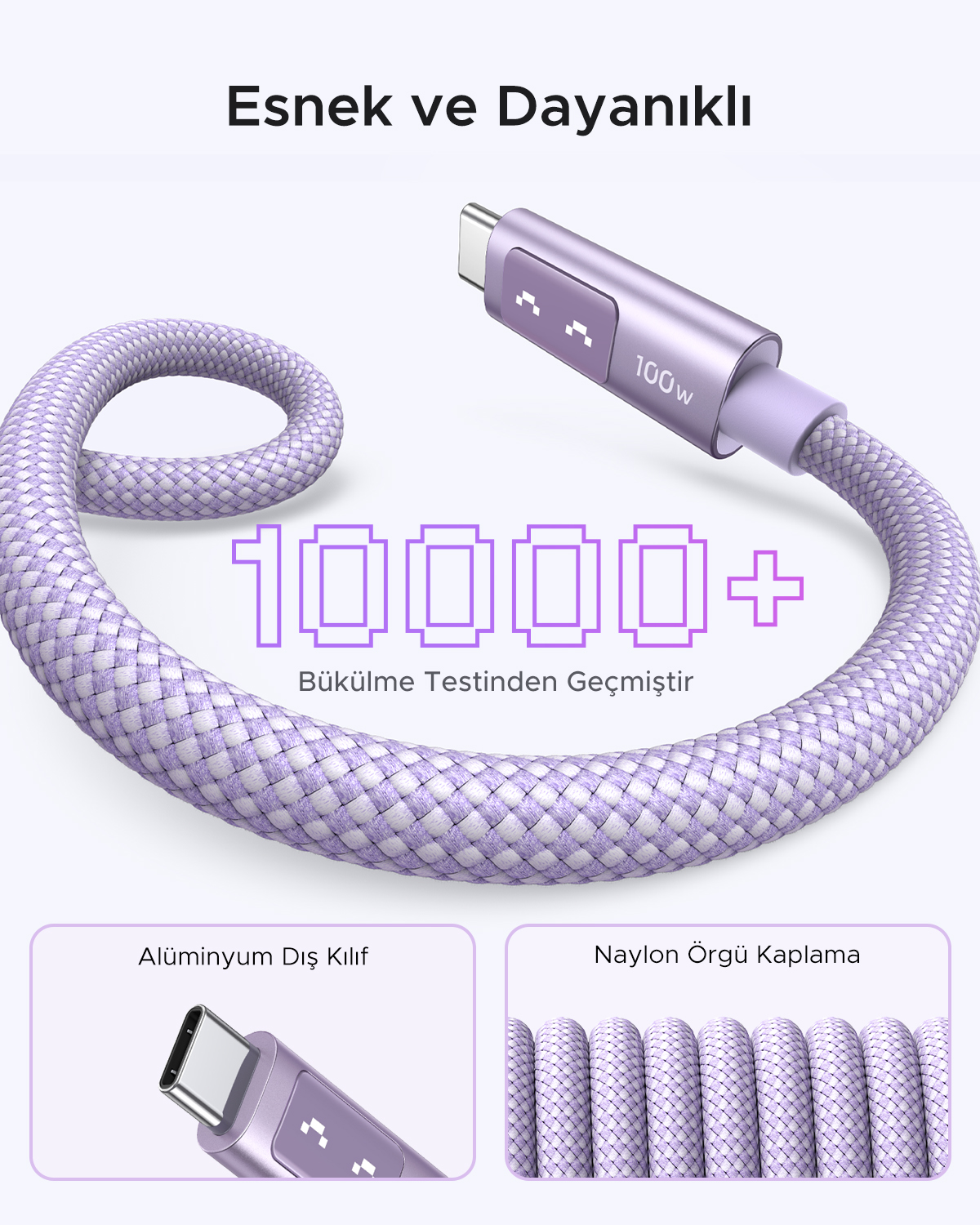 Gümüş konnektörlü mor örgülü USB-C kablo, 100W.