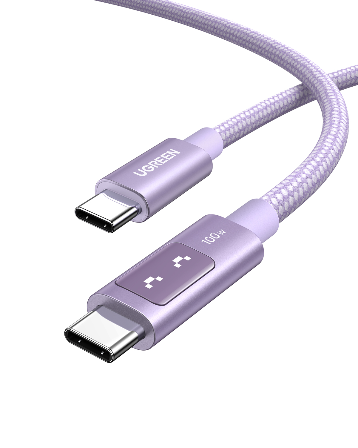 Üzerinde "UGREEN" ve "100W" yazan, mor renkli iki konnektörlü USB-C kablosu.