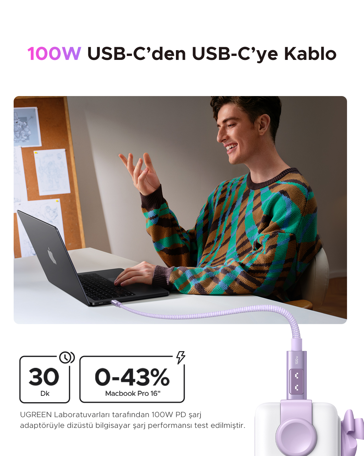 Adam 100W USB-C kabloyla Macbook Pro 16" şarj ediyor. 30 dk=43%.