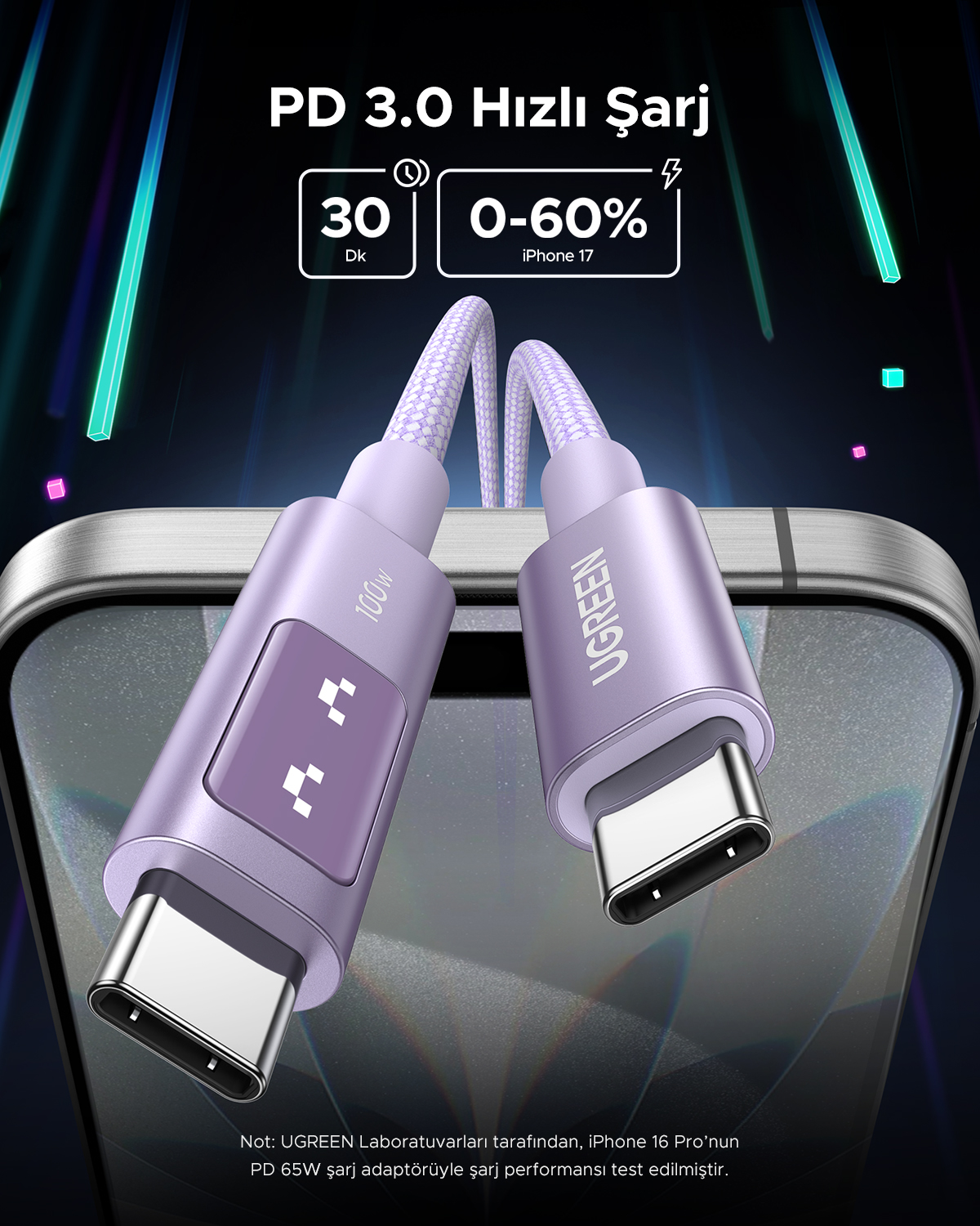 Bir akıllı telefon üzerinde iki mor USB-C kablosu. PD 3.0 hızlı şarj reklamı.