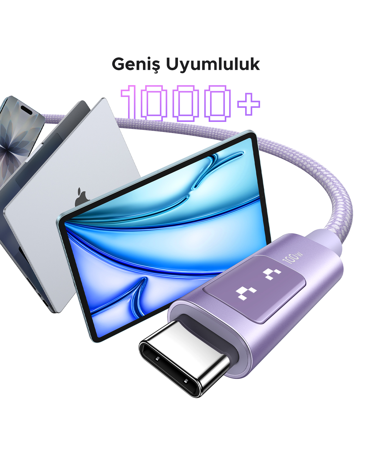 Dizüstü bilgisayarlar ve tabletlerle mor USB-C kablosu.