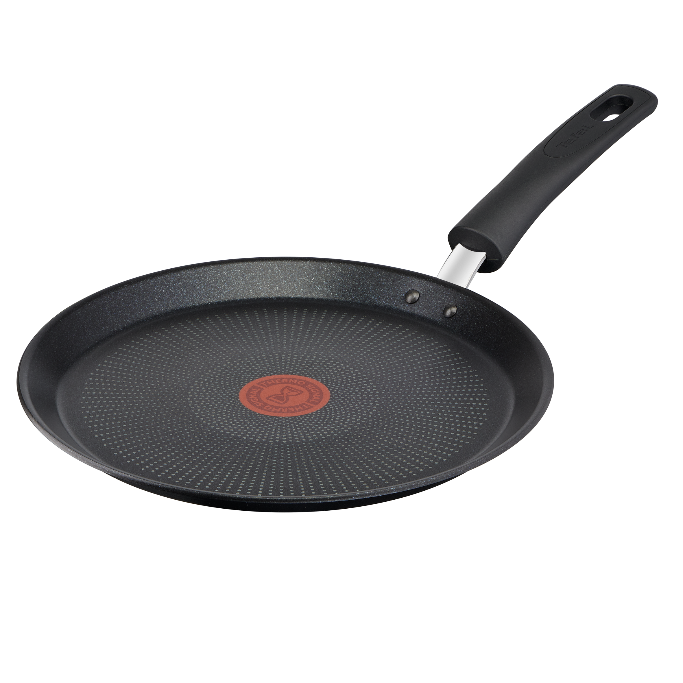 Siyah T-fal tava, kırmızı Thermo-Signal göstergesi ve siyah saplı.