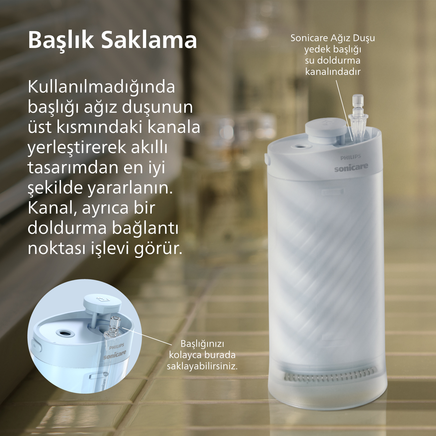 Beyaz bir Philips Sonicare ağız duşu ünitesi, su haznesinde bir başlığı saklar.