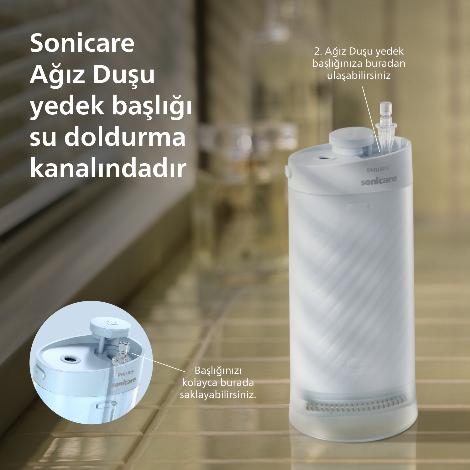 Yedek başlığı ve doldurma kanalı olan beyaz Sonicare ağız duşu. Yakın çekim.