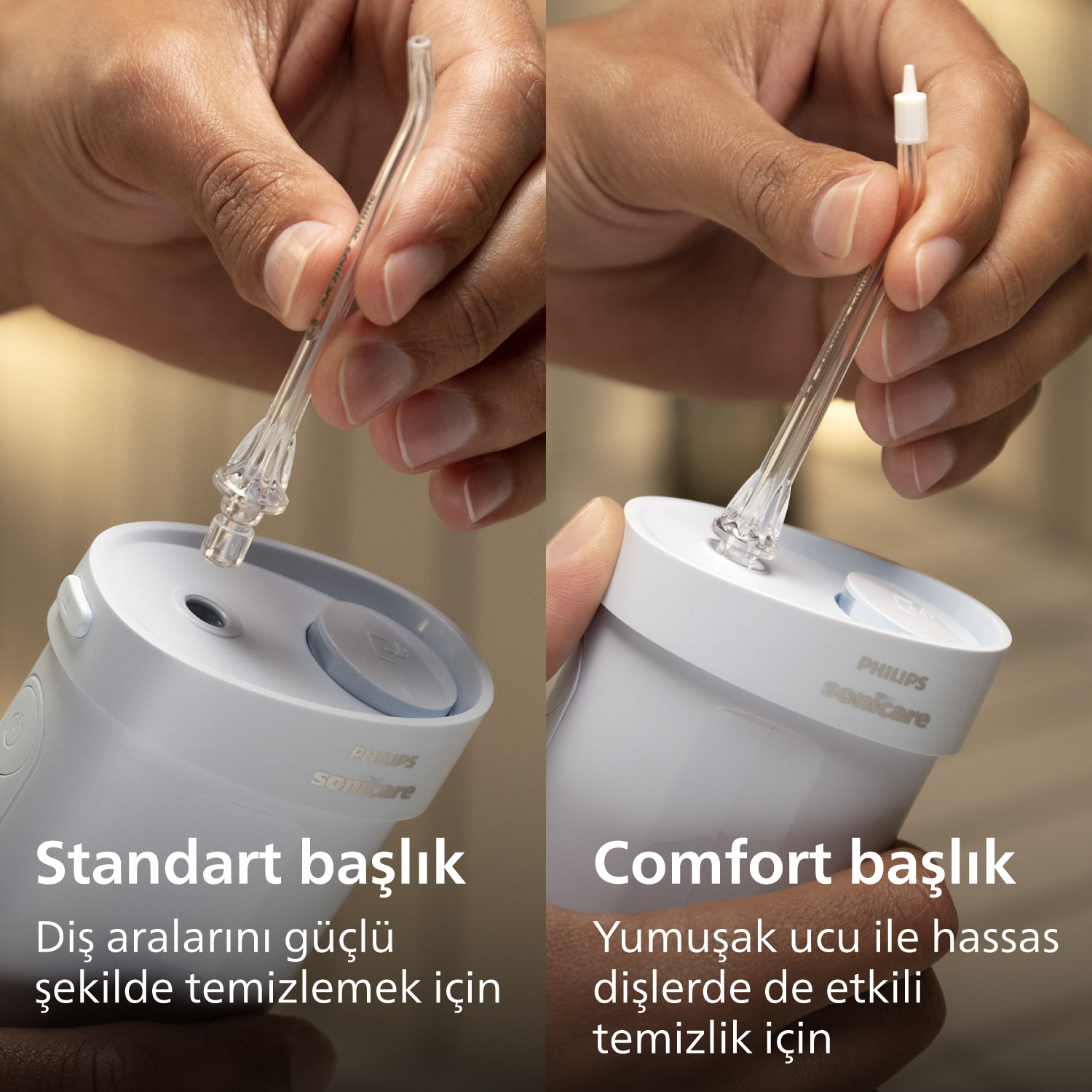 Bir cihaza takılan iki Philips Sonicare başlığının yakın çekimi.
