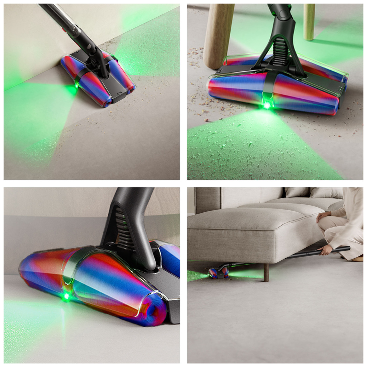 Vacuum cleaner brush with colorful rollers illuminates floor, cleaning dust.