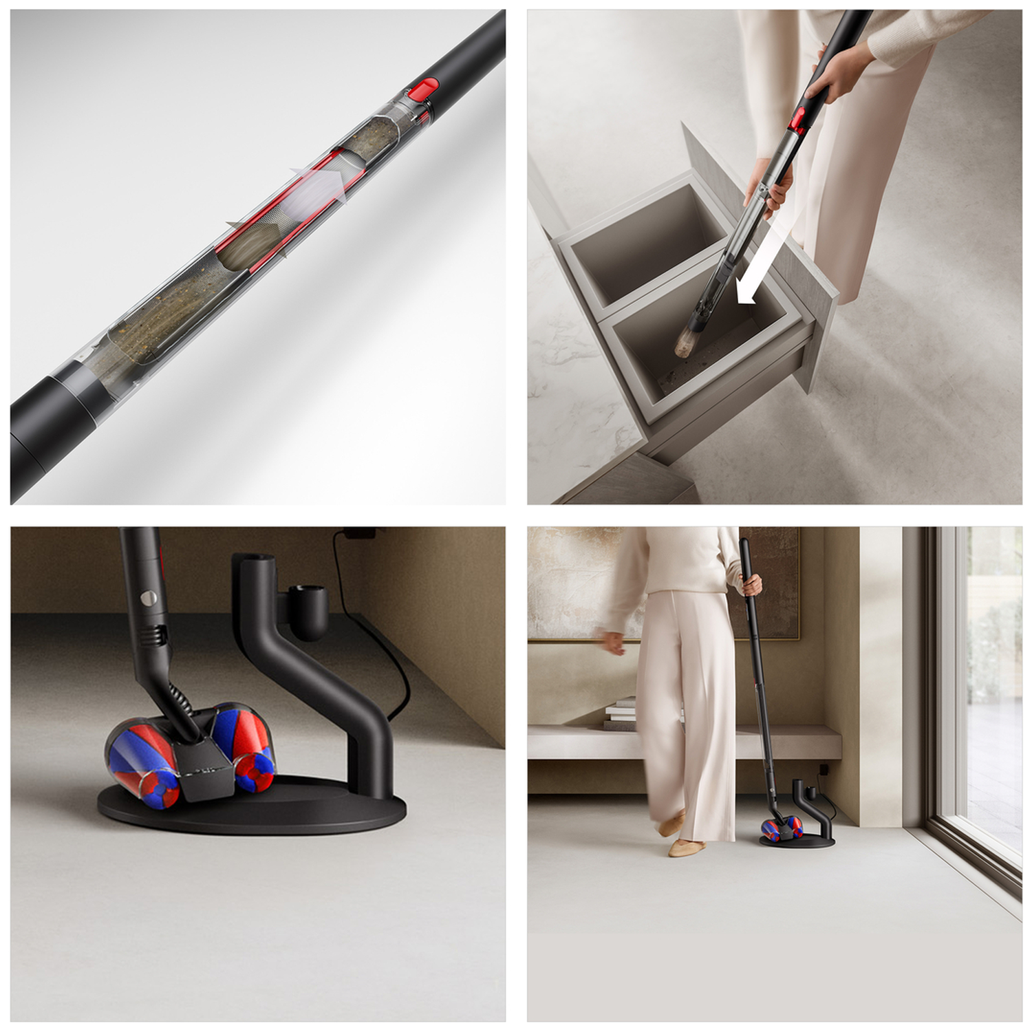 Four images show a vacuum cleaner: internal view, emptying, charging station, and use.