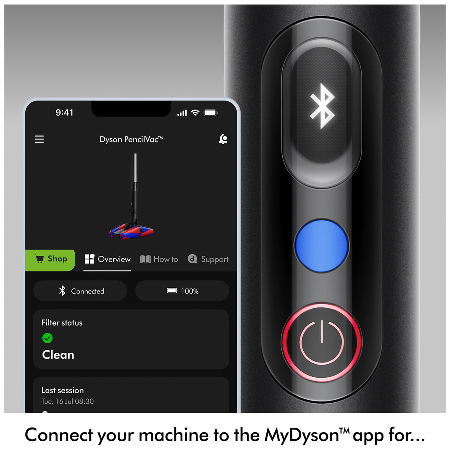 Smartphone app shows Dyson Pencil Vac with Bluetooth icon and power button.