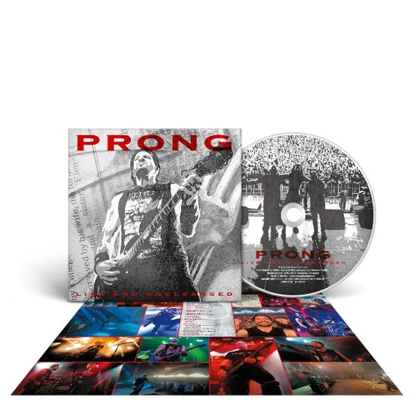 Albumcover und CD von Prong mit Bandmitgliedern auf der Bühne und im Publikum.