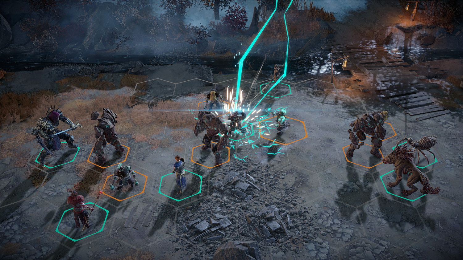 Batalla de fantasía en cuadrícula hexagonal con efectos mágicos y personajes.