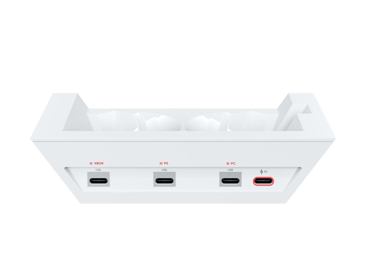 Xbox, PS, PC etiketli USB bağlantı noktalarına ve 5V bağlantı noktasına sahip beyaz şarj istasyonu.