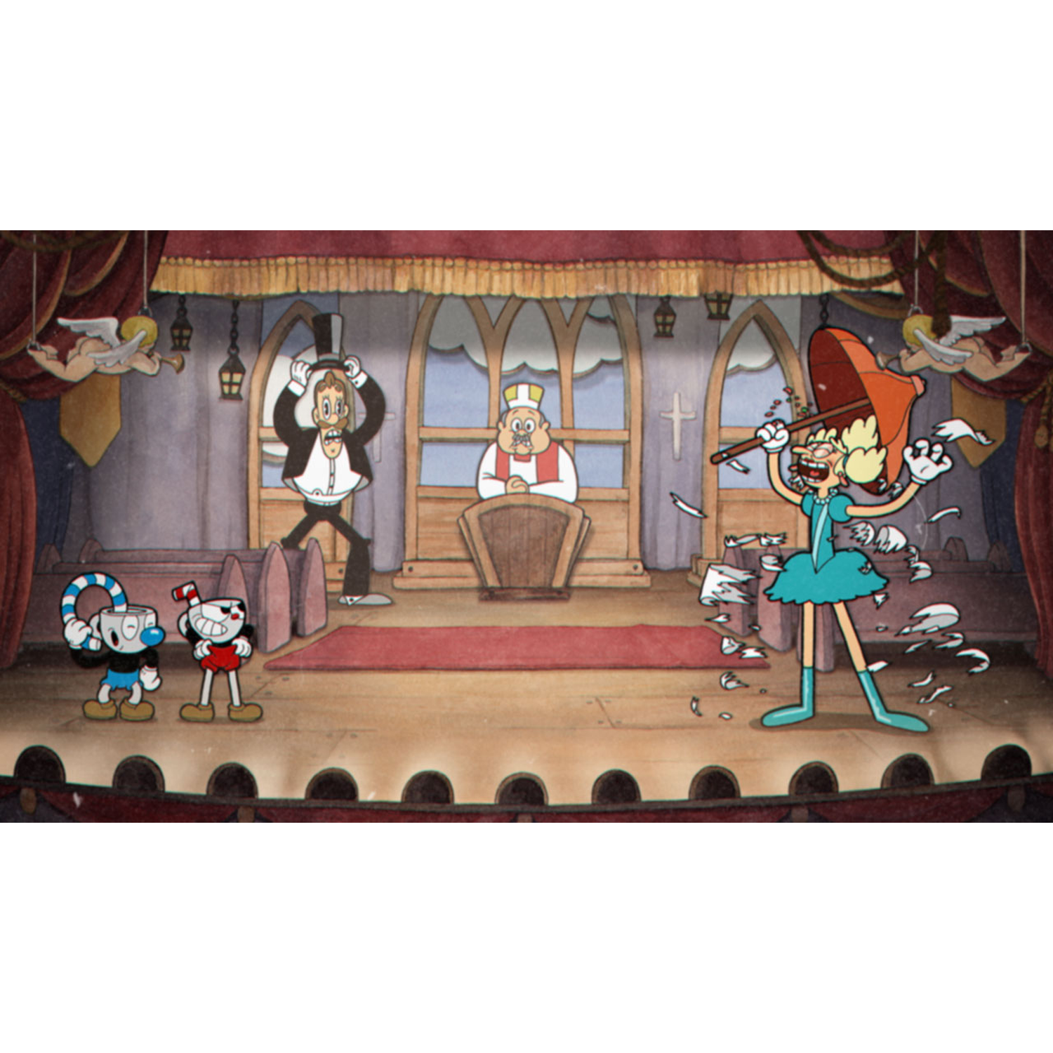Personages in een theater. Cuphead en Mugman staan links, een vrouw met paraplu rechts.