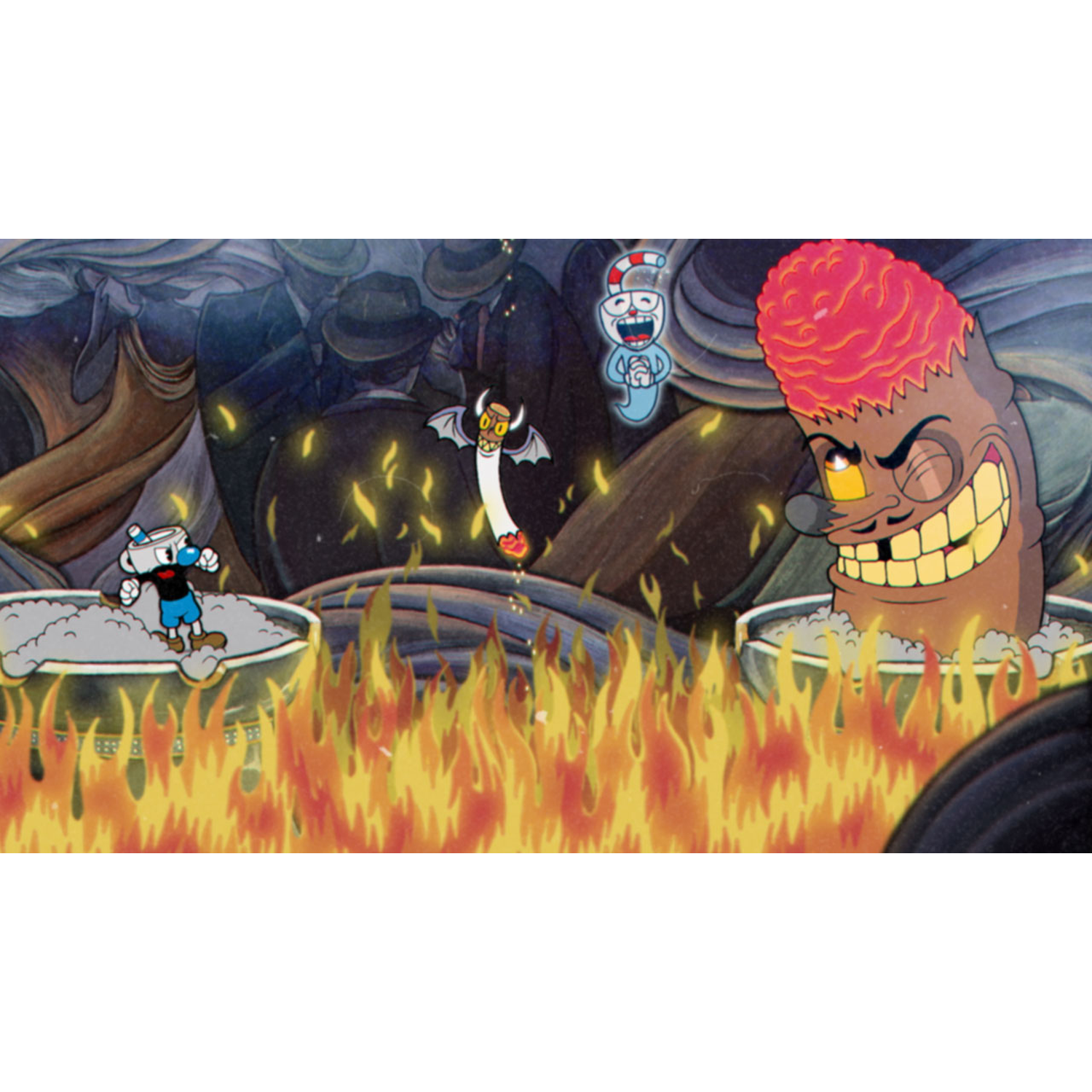 Cuphead in vlammen met een geest en een baasmonster die aanvallen.