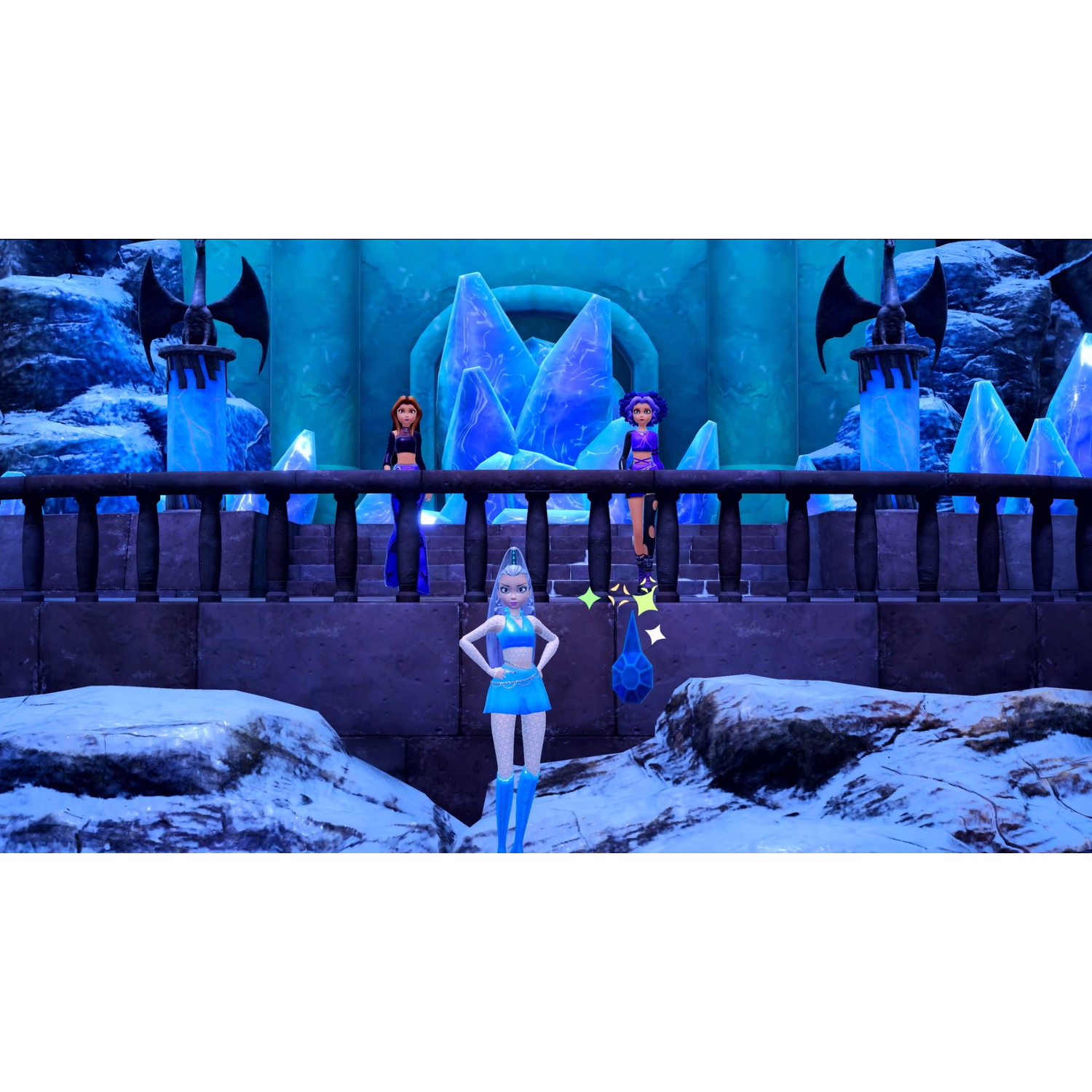 Drie tekenfilmfiguren in een ijzige omgeving met blauwe kristallen en drakenbeelden.