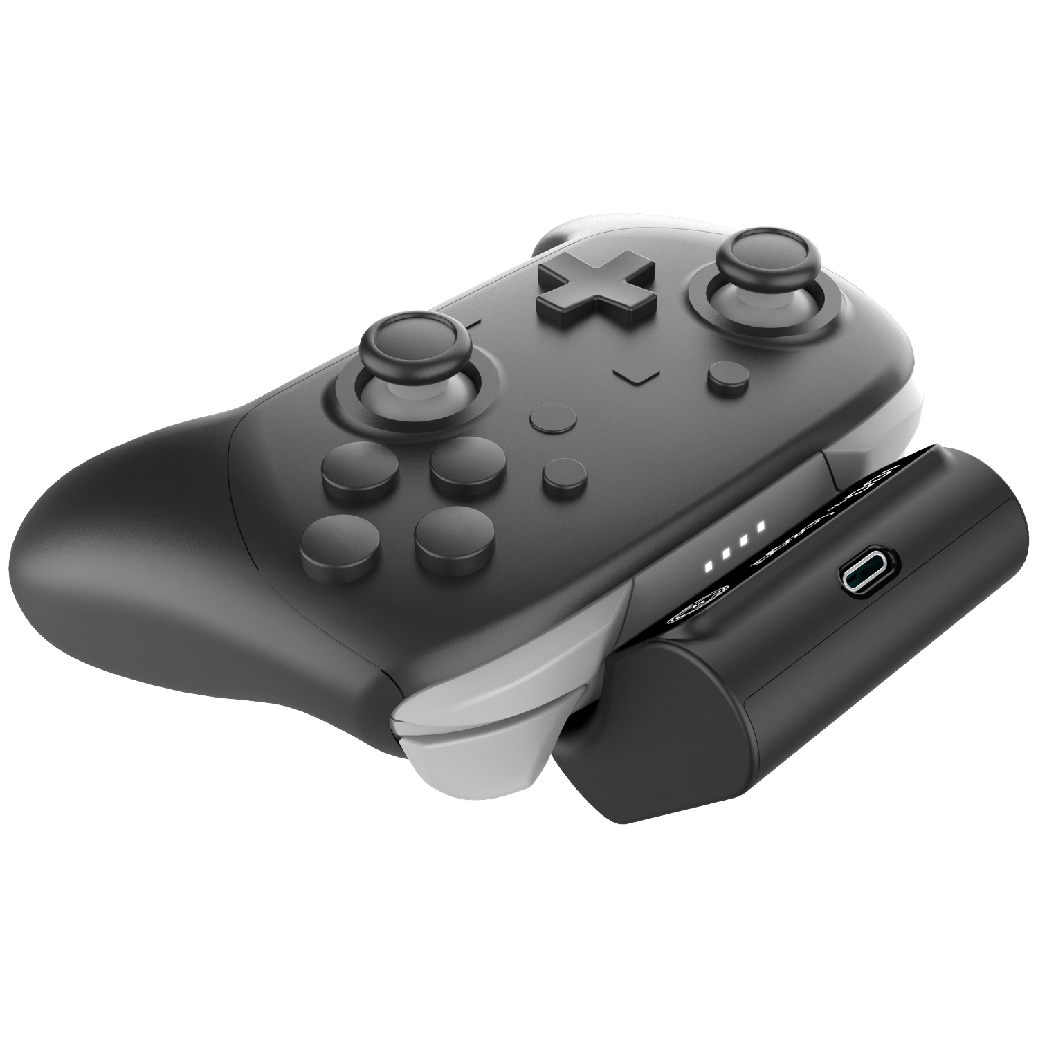 A black game controller with an attached battery pack, on a white background.