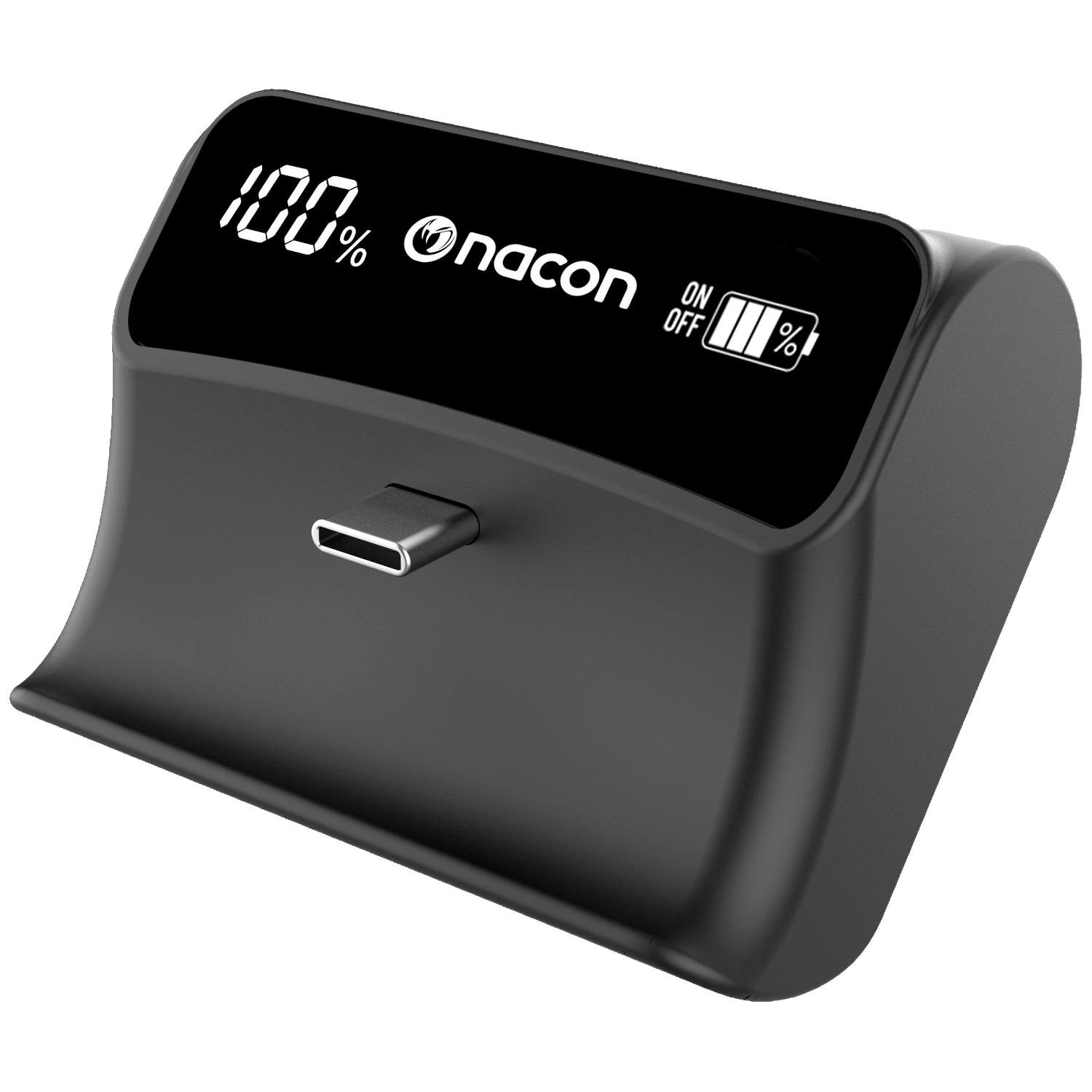 Black charger with USB-C port and 100% digital display.