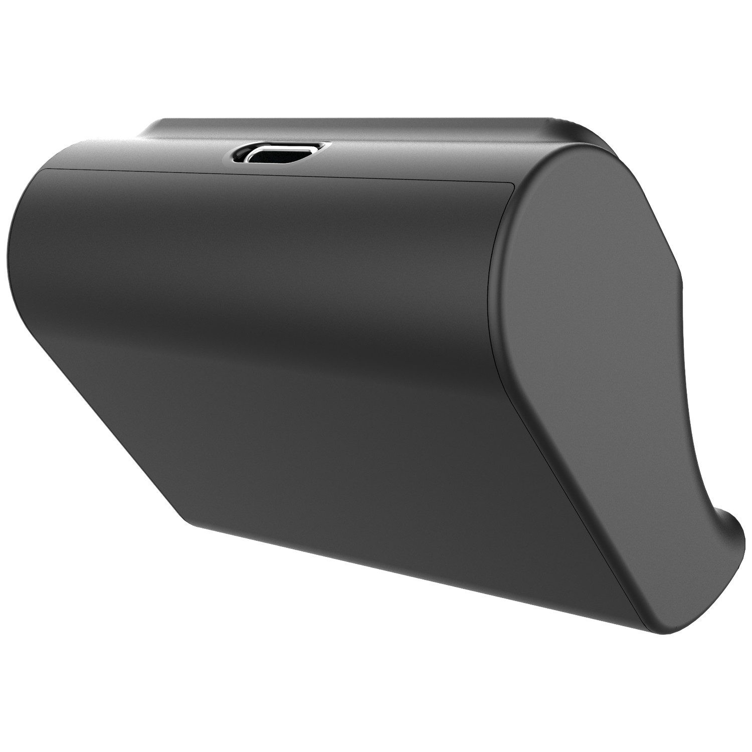 A black, curved device with a port on the top.