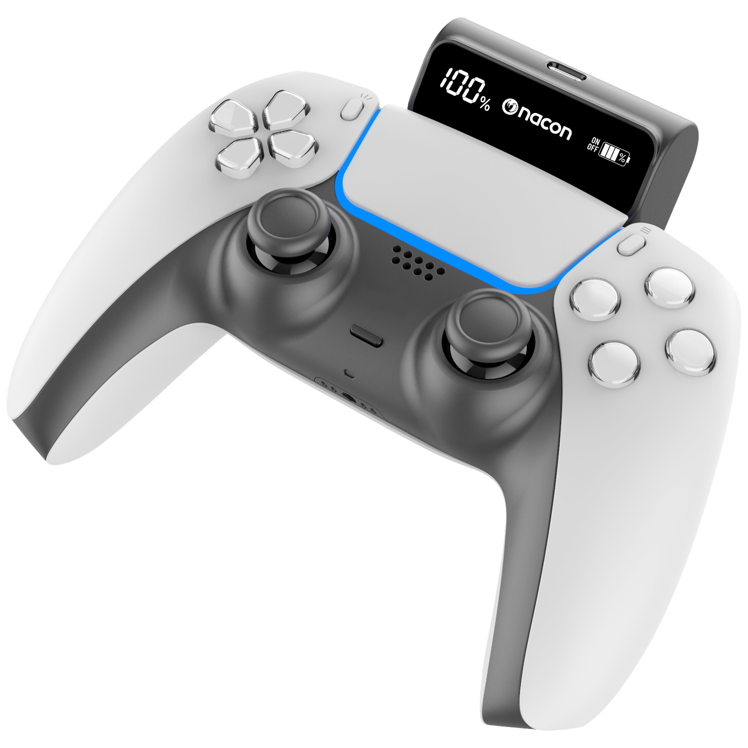 A white and gray gaming controller with a digital display showing 100%.