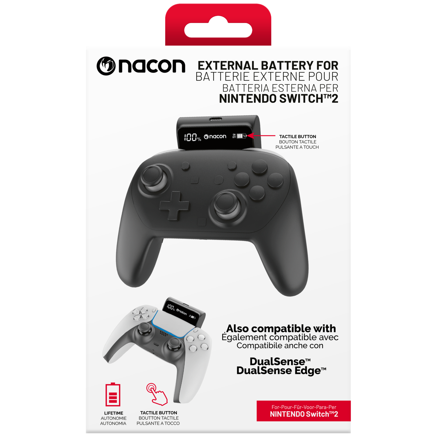 Nacon external battery for Nintendo Switch 2, black and white, with display.