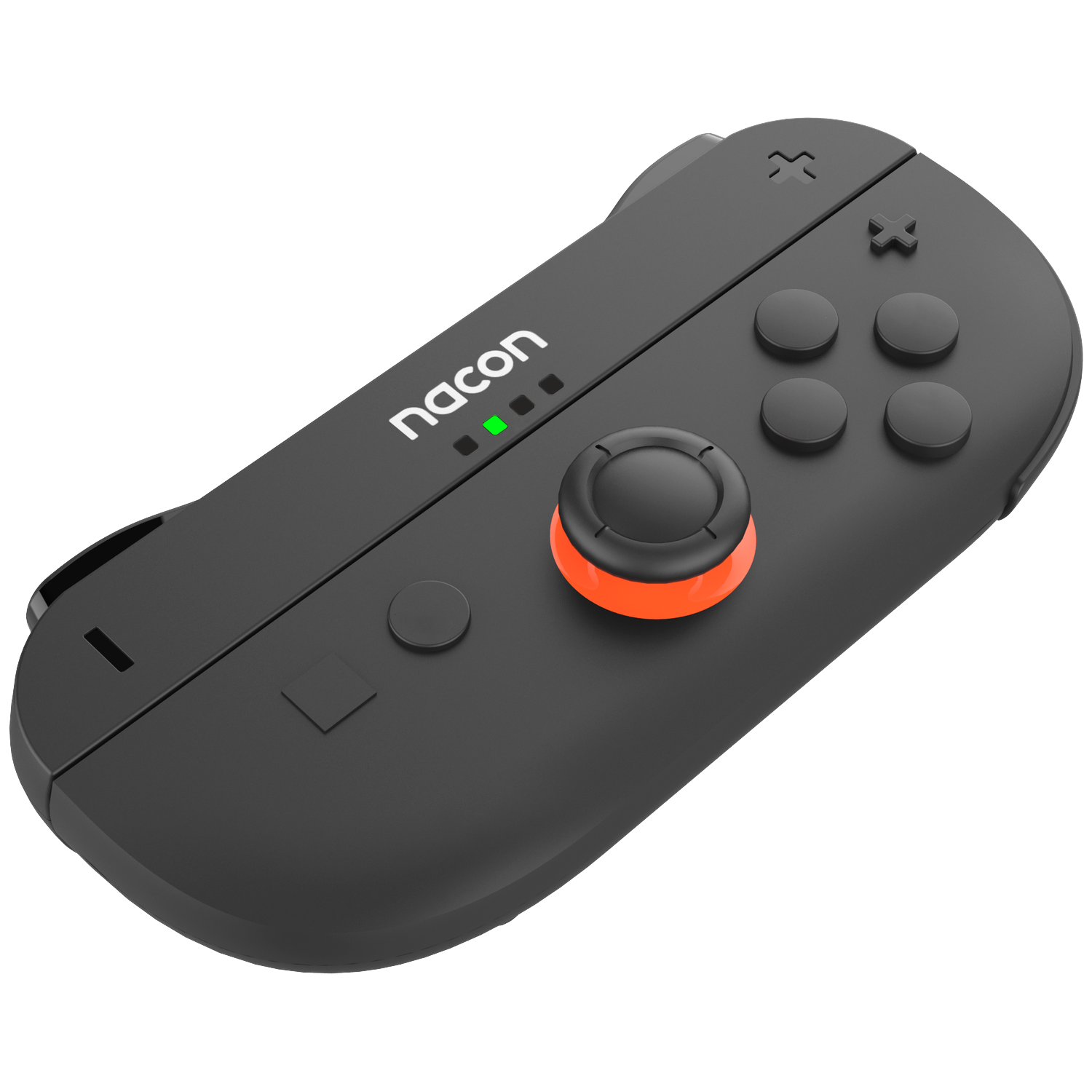 A black Nacon controller with an orange joystick and a green LED light.