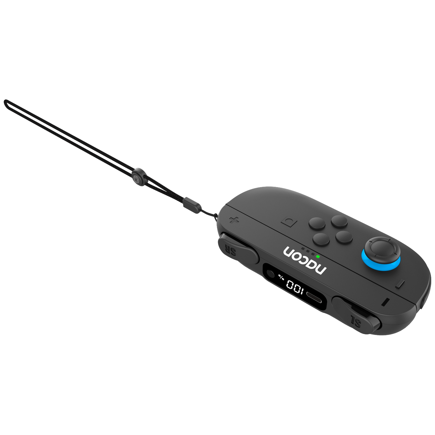 Black game controller with lanyard, blue joystick, and display screen.