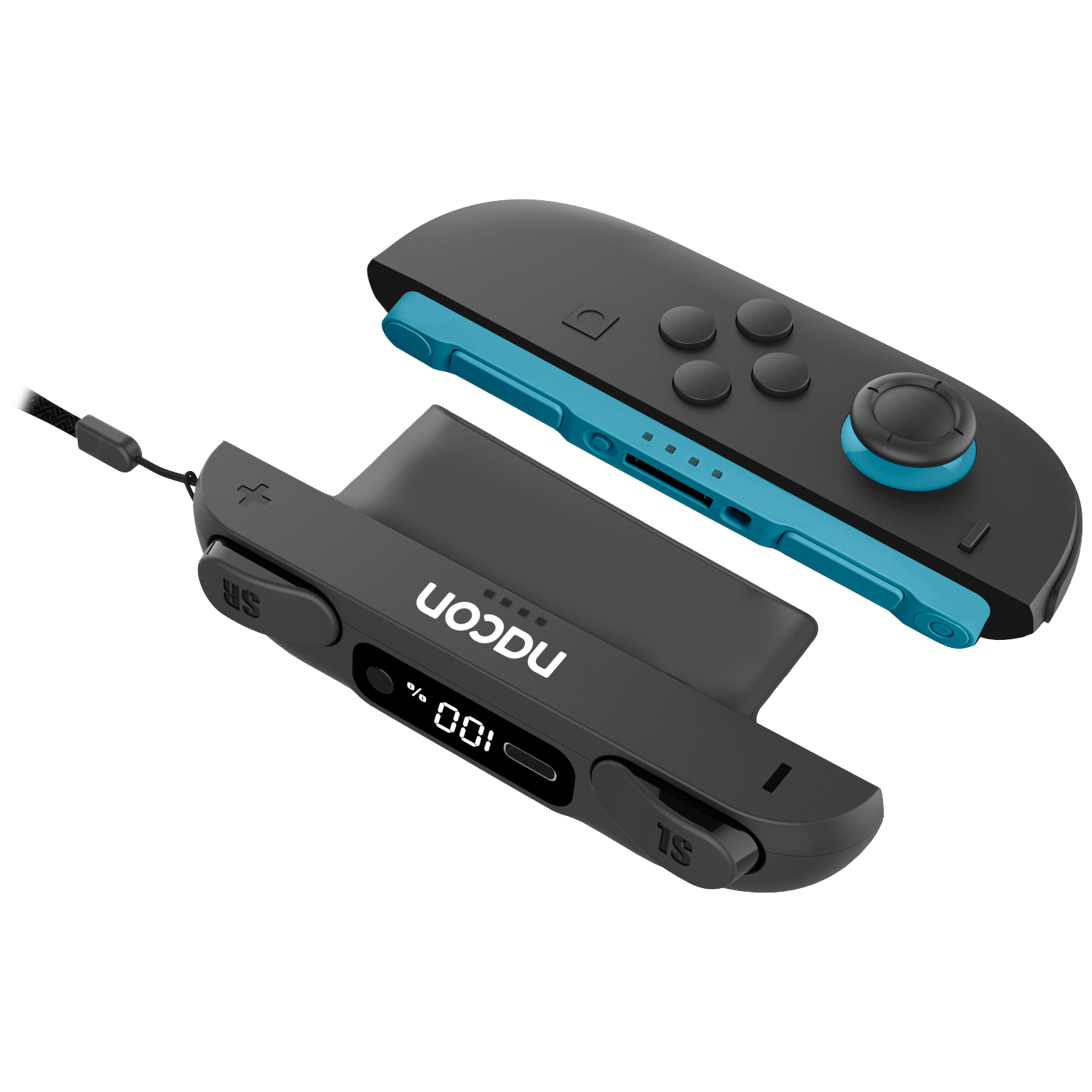 Two black and blue gaming controllers with a small screen.