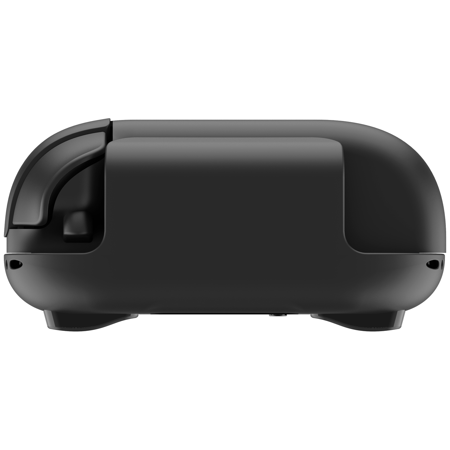 A black, rectangular box with rounded edges on white feet.