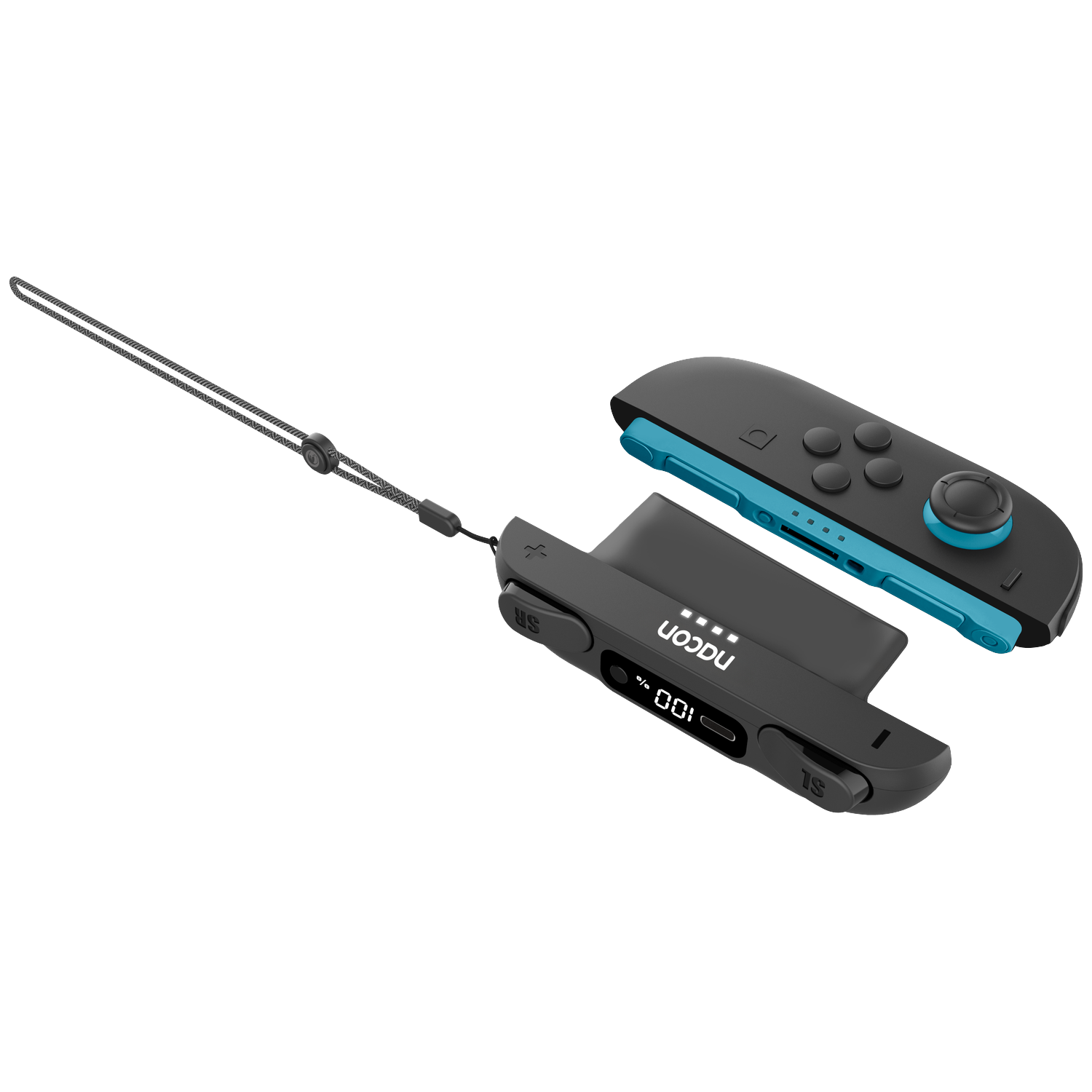 A black Nacon grip with blue accents and a lanyard.