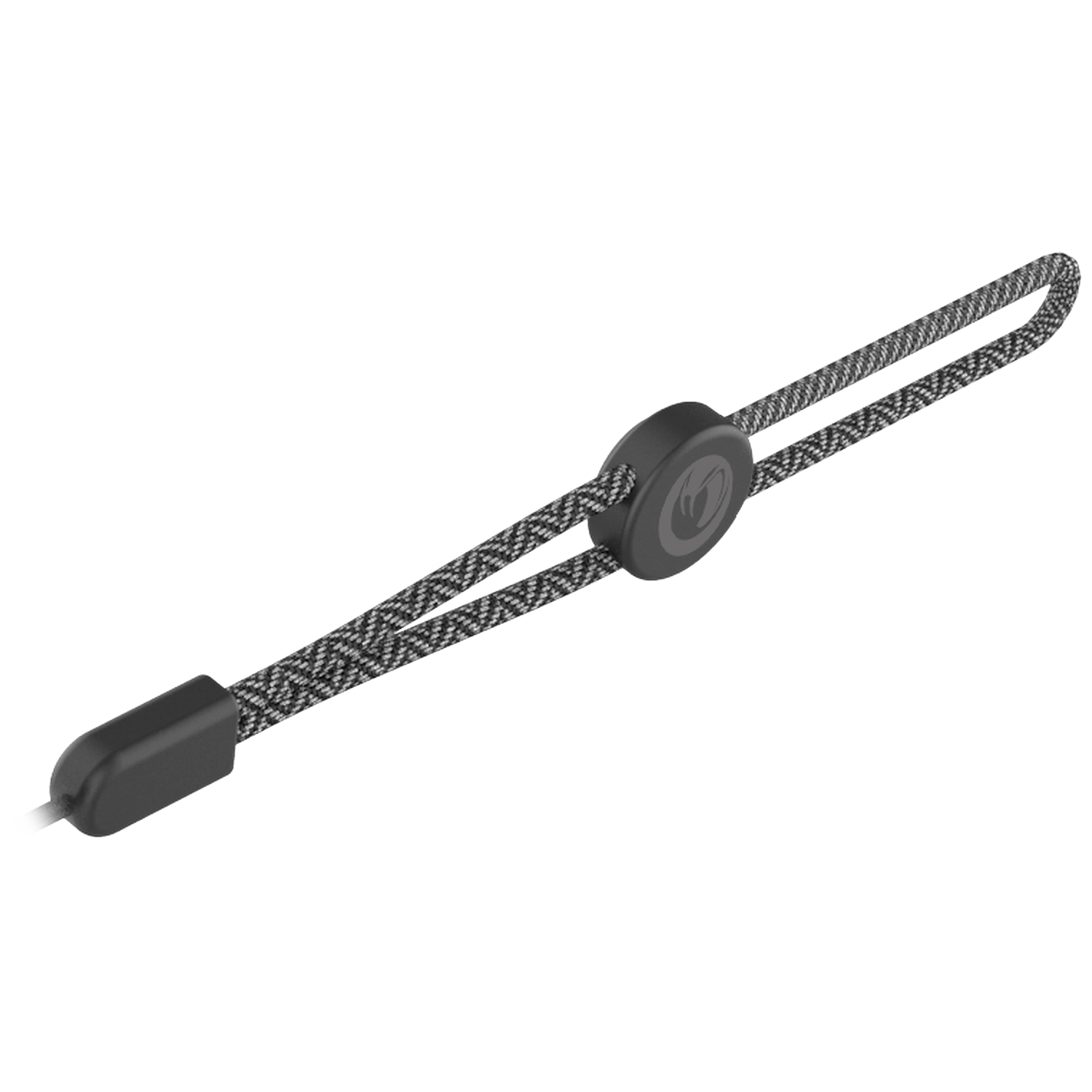 A gray cord adjuster with a logo on a mustache-shaped cord.
